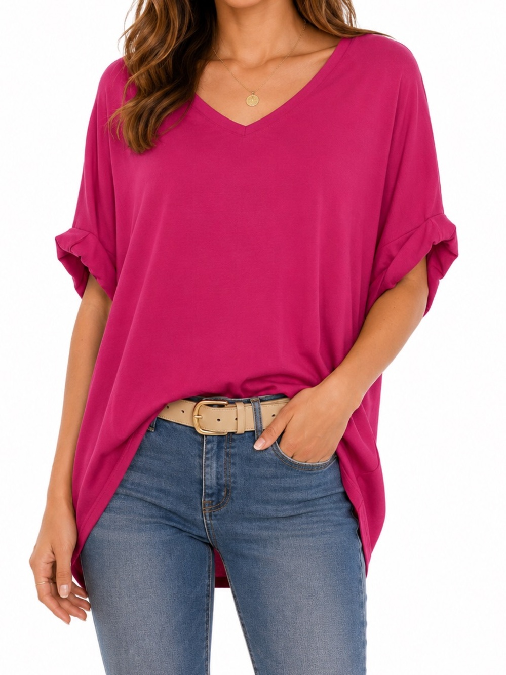 Lush Fuchsia V-Neck Short Sleeve Tunic